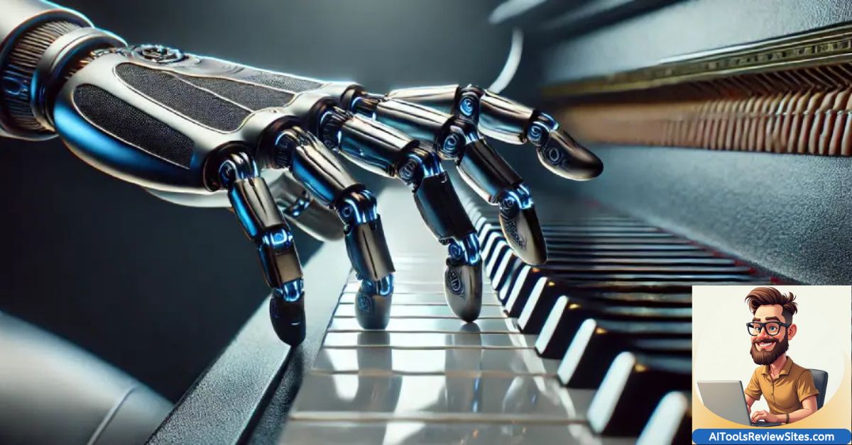 Futuristic AI in music concept and An illustration of AI robot hands playing piano.