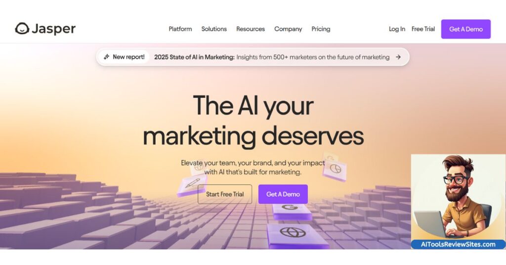 Jasper AI review homepage screenshot showing AI content generation features.